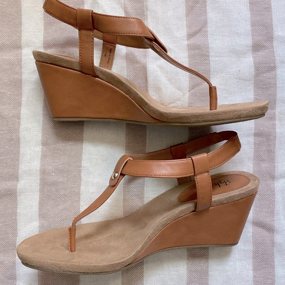 Style & Co. light brown leather wedge sandals